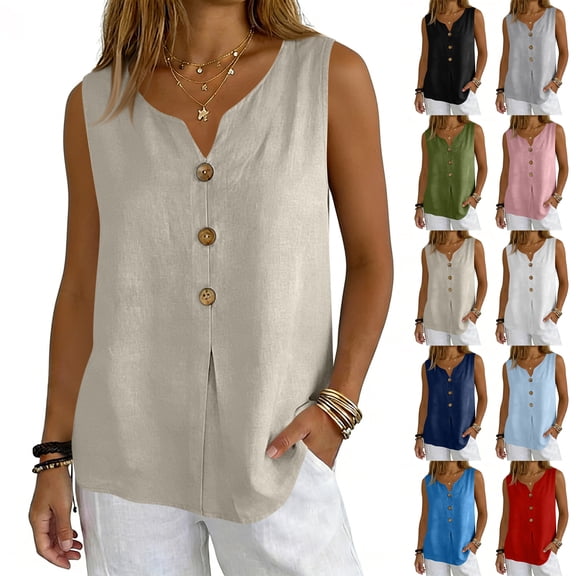 Qwertyu Cotton Linen Tank Tops for Women V Neck Button Down Shirts Lightweight Breathable Summer Casual Sleeveless Blouses 2026 Army Green XL