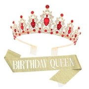 SKYSONIC Red and Black Birthday Tiara and Sash Set for Women, Rhinestone Crown and Sash for Birthday Queen Party Decorations.