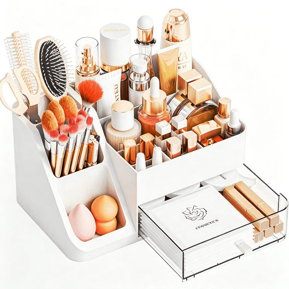 BPPEG White Makeup Organizer Countertop,Large Cosmetics Storage Organizer for Make Up Brush,Hair Products and Beauty Skincare Organizers,Plastic Makeup Holders and Bathroom,Vanity,Desk