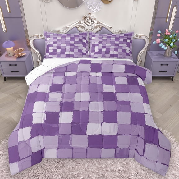 Homewish Dreamy Plum Square Bedding Comforter Set for Kids, Abstract Buffalo Piald Twin Comforter Sets, Vintage Oil Printing Reversible Bedding Set, Breathable Home Decor, 2-Piece