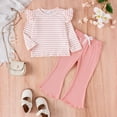 thumbnail image 3 of GYRATEDREAM Toddler Baby Girls Fall Winter Outfits Knit Ribbed Long Sleeve Ruffle Stripe Print Pullover Top + Flare Pants 2Pcs Clothing Set Pink for 12M-5T, 3 of 8