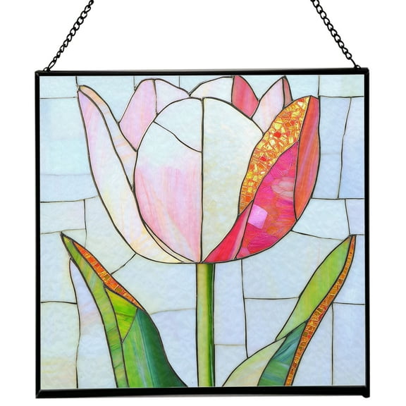 Tulip Flower Stained Glass Panels, Square Shaped Window Hangings, Tiffany Glass Traditional Art Crafts for Home Decor Gifts 130OR2