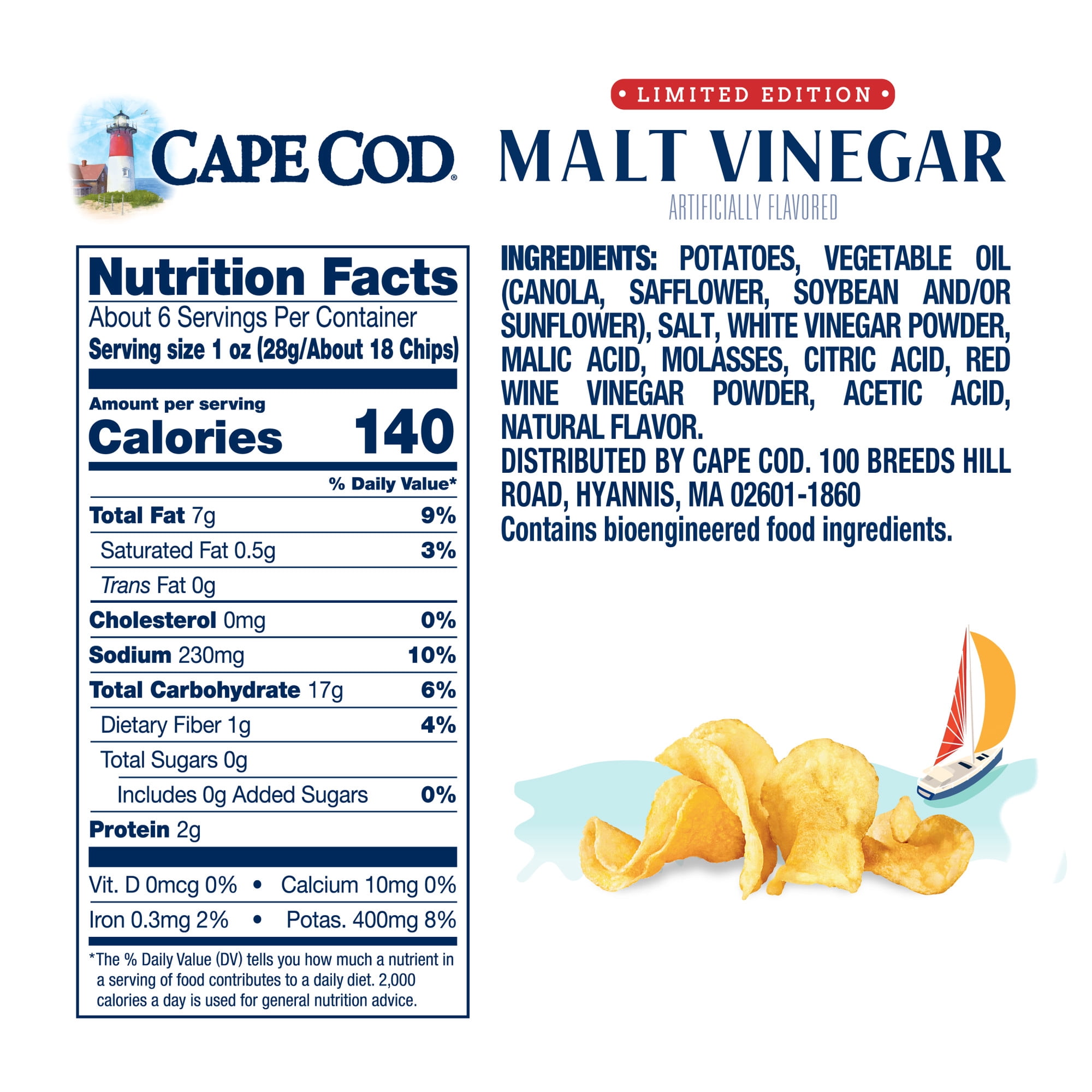 Cape Cod Malt Vinegar Flavored Potato Chips, 6.5 oz Bag