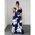 thumbnail image 5 of Blue Plus Size Green Floral Print One Shoulder Cinched Waist Ruched, 5 of 7