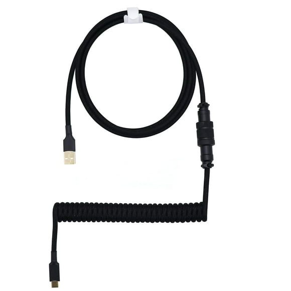 Kraken Pure Black Coiled Keyboard Cable - Artisan Black Coiled USB C Cable with Aviator Connector for Mechanical Gaming Keyboards (Pure Black)