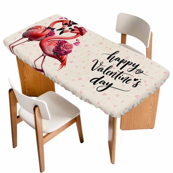 Valentine's Day Table Cloths for 3 Foot Rectangle Tables, Red Flamingos Roses Love Romance Beige Patio Waterproof Elastic Fitted Tablecloths, Washable Rectangular Table Cover for Camping
