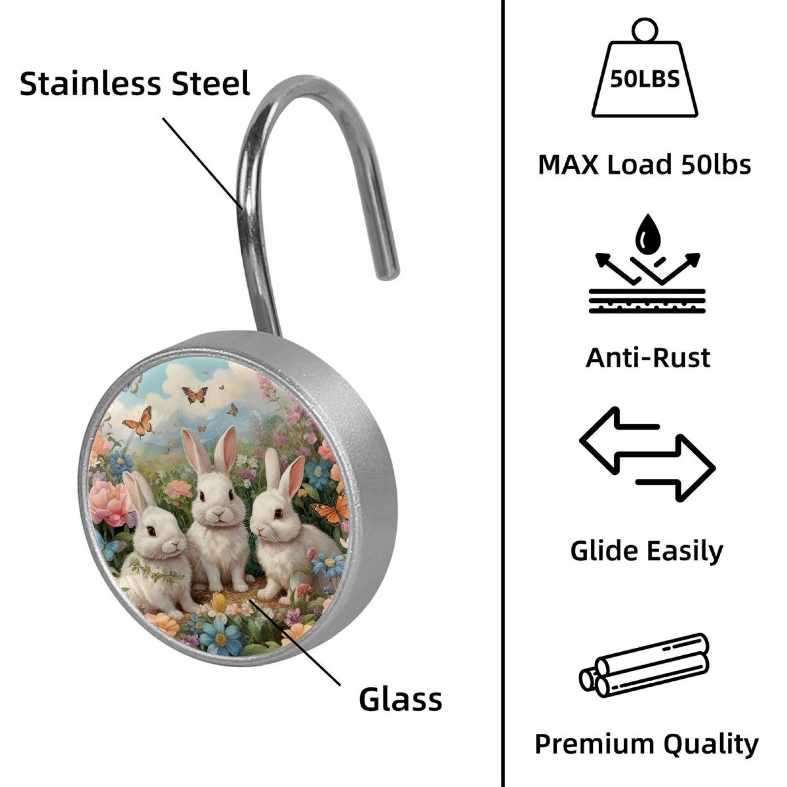 Imobaby 12 Pcs Metal Shower Curtain Hooks Rust Proof for Shower Curtain Liner - Little Rabbit Flower Cluster Gathering