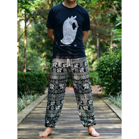 Bohotusk Mens Black Elephant Print Harem Pants Cord Tie Waist M/L to 2XL