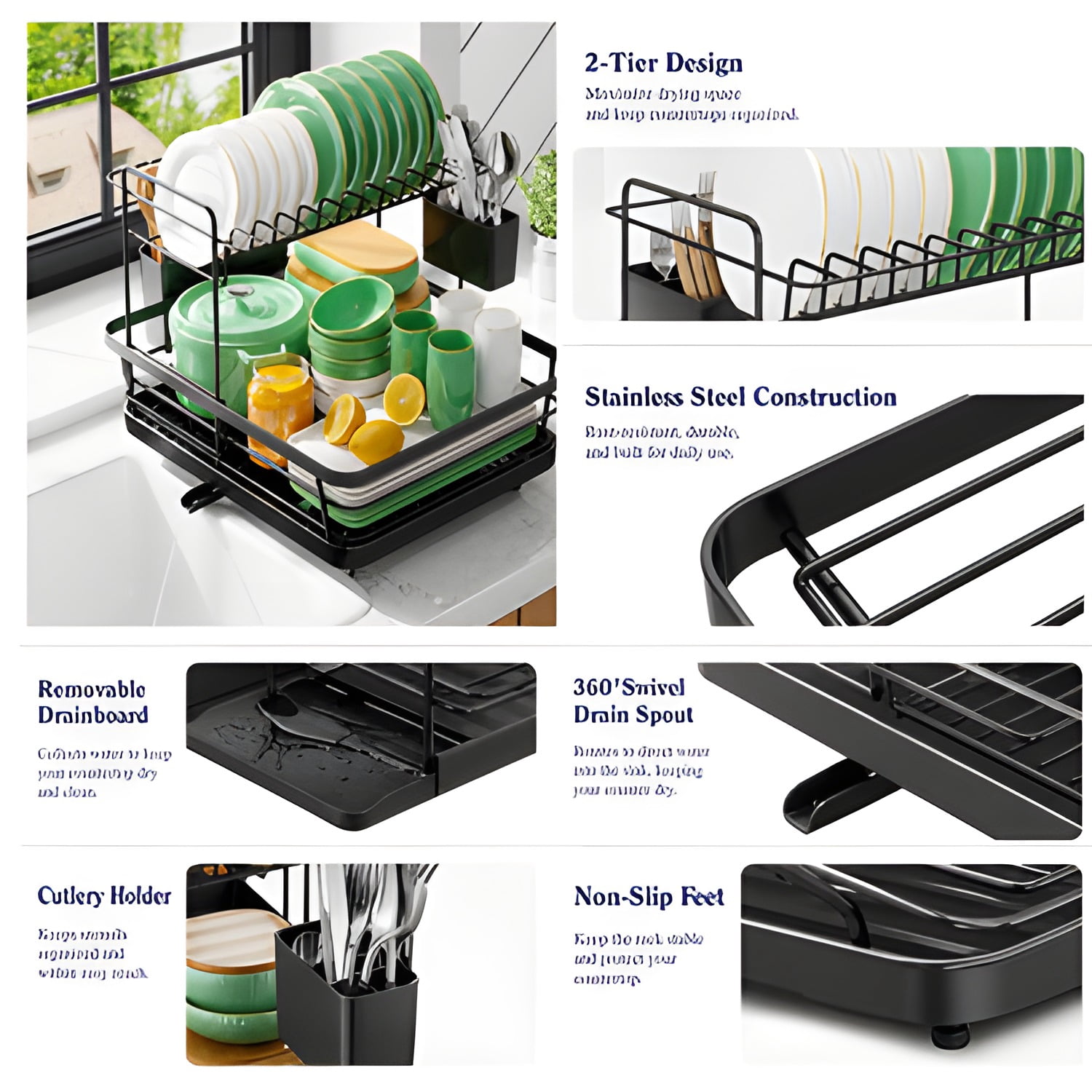 Dish Drying Rack for Kitchen Counter, Stainless Steel Sink Organization and Storage Essentials with Cutlery Holder, Home and Appartment Decor, 12"W x 15.5"L, 2 Tiers, Black