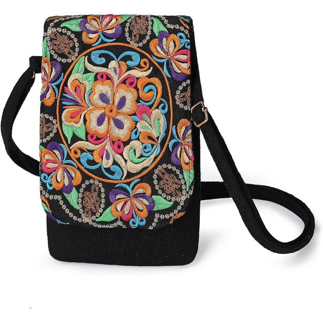 Mini bolso hippie, bolso de hombro étnico bohemio, bolso bandolera estilo hobo, bolso de lona para mujer con correa ajustable, bolso pequeño para niña, bolso vintage bordado