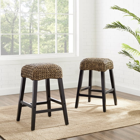 Homestock Rustic Revival 2Pc Backless Counter Stool Set Seagrass/Darkbrown - 2 Stools, 18"D X 18"W X 26.25"H, Coastal Design, Comfortable Counter Height Stool Set, Outdoor Bar/Dining Stools