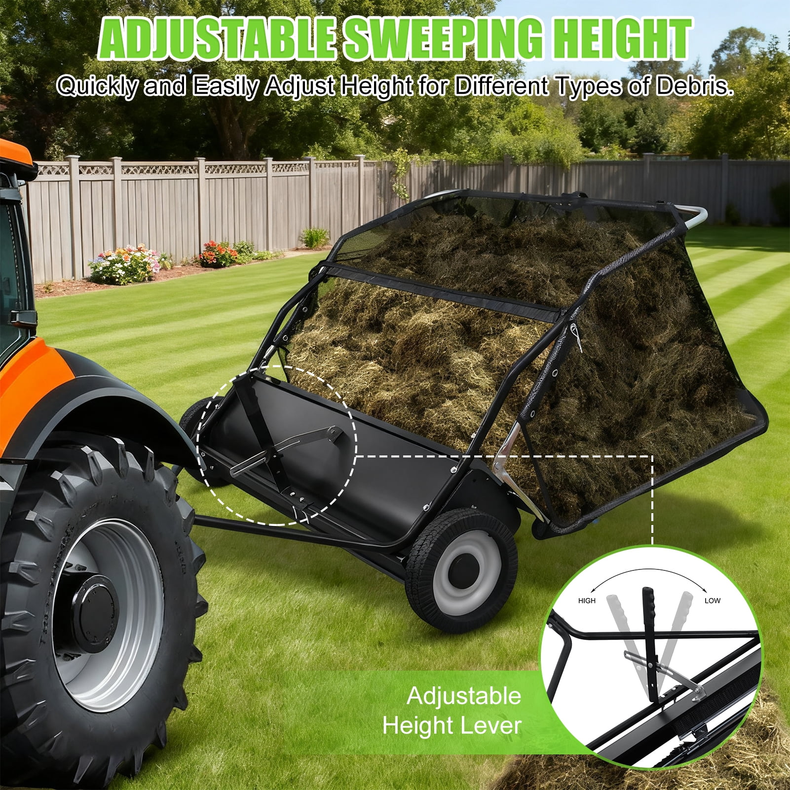 Thehsnt 44" Tow Behind Lawn Sweeper, Large Capacity Heavy Duty Leaf Collector with Rubber Wheels