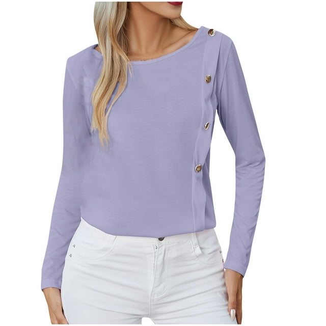 Bowake Women's Fall Spring Tunic Tops Round Neck Button Long Sleeve T-Shirts Casual Loose Ladies Going out Blouse