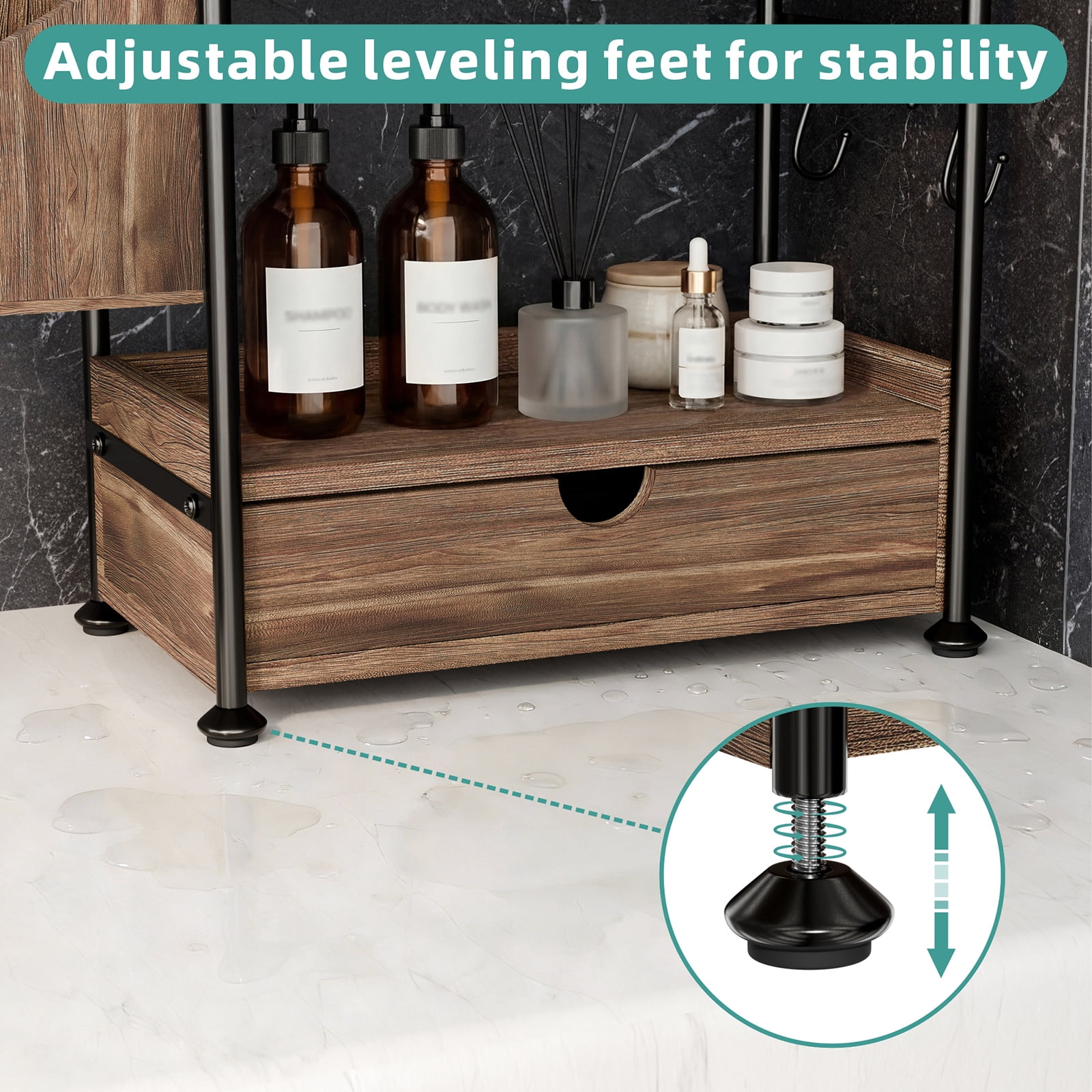 2 Tier Bathroom Counter Organizer with Drawer, Wooden Vanity Skincare Storage Shelf with Thickened Iron Frame, Countertop Shelves with Basket and Hooks for Bathroom Makeup Organization (Dark Brown)