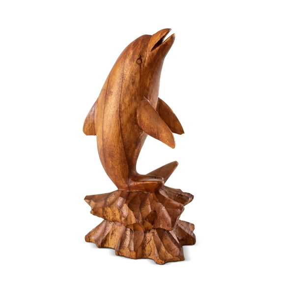 Wooden Hand Carved Dolphin on Coral Statue Sculpture Wood Decorative Home Decor Fish Figurine Handcrafted Handmade Seaside Tropical Nautical Ocean Coastal Size: 8" tall x 4" wide x 3" deep