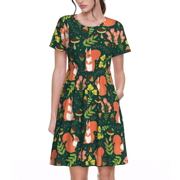 Disketp Forest Squirrel para Vestido de Manga Corta para Mujeres, Vestidos de Verano para Mujeres, Casual y Holgado para la Playa
