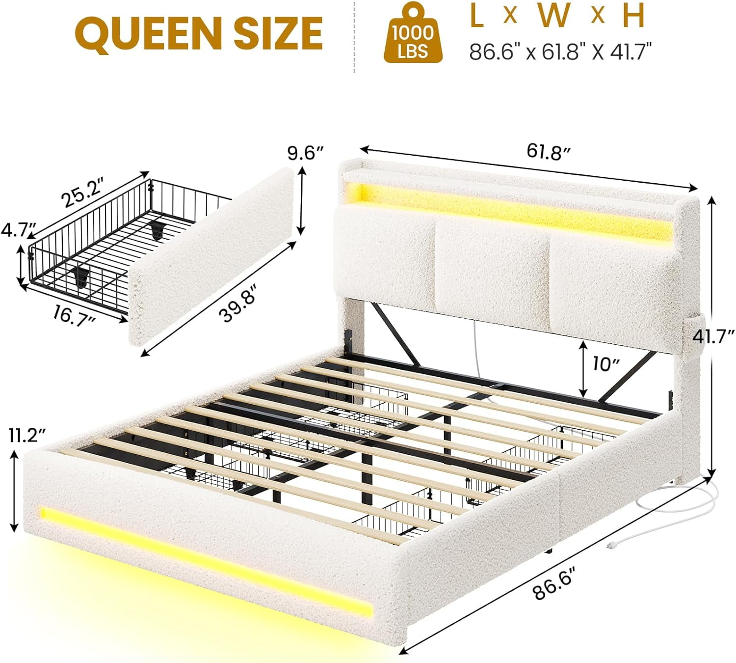 AOGLLATI Boucle Bed Frame Queen Size with Storage Headboard, Charging Station and LED Lights, Upholstered Queen Cloud Bed Frame with 4 Drawers, Soft Marshmallow Bed Frame, No Box Spring Needed, Cream