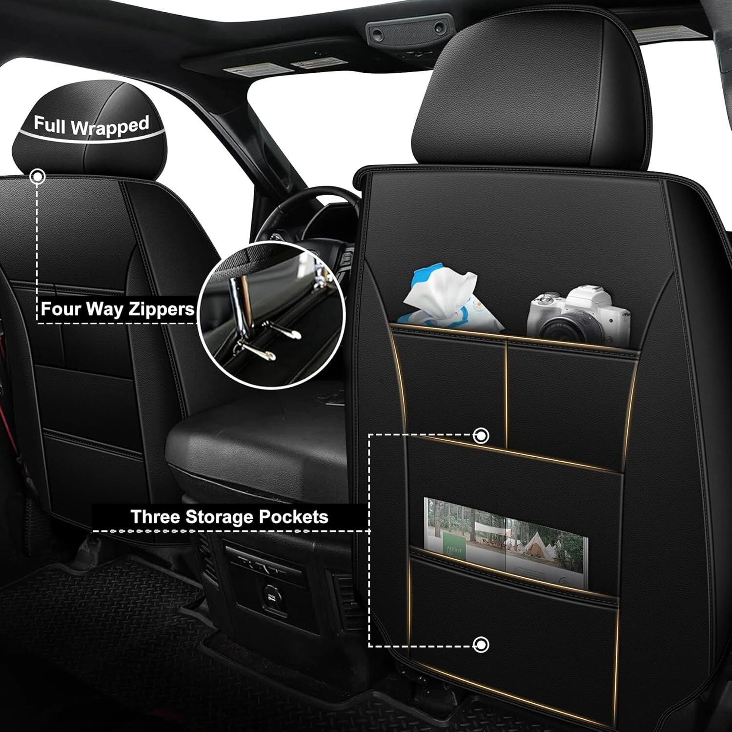 Custom Seat Covers Fit for Dodge RAM 2002-2024 2025 2026: Leather Car Seat Covers Waterproof for RAM 1500 2500 3500 Truck Pickup Crew Quad Cab with Split Bench (Black, Full Set Curved Back)