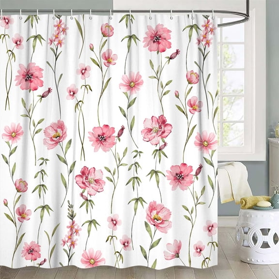 VEIVIAN Watercolor Floral Shower Curtain, Red Flower Shower Curtain for Bathroom, Wildflower Plant Modern Minimalist White Waterproof Polyester Fabric Bath Curtains with 12 Hooks, 72x72 Inch