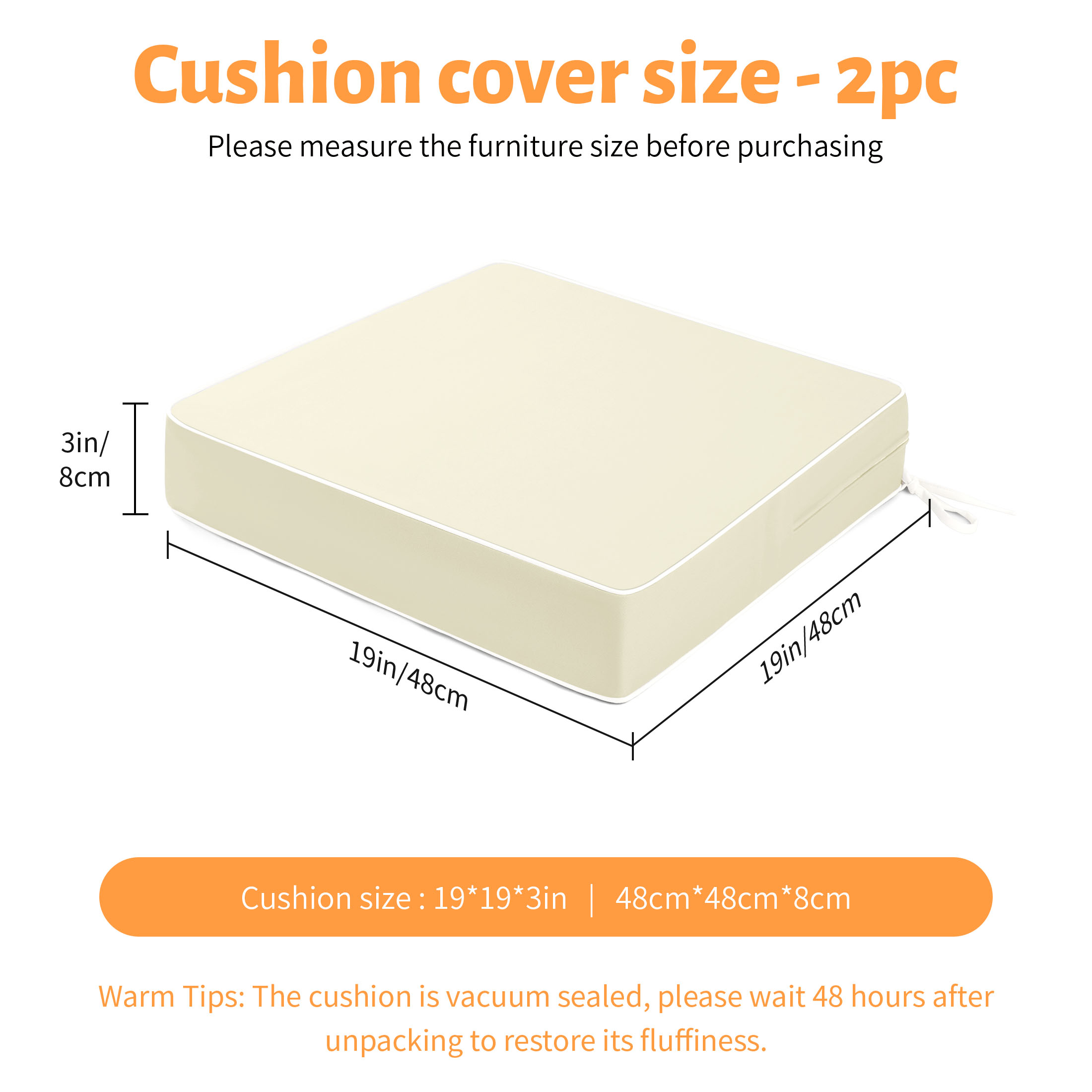 ROFIELTY 2-Pack Outdoor Chair Cushions 19x19, Waterproof & UV Resistant Patio Seat Pads with Removable Washable Cover, 3 Inch Thick All-Weather Cushions for Wicker Furniture, Beige