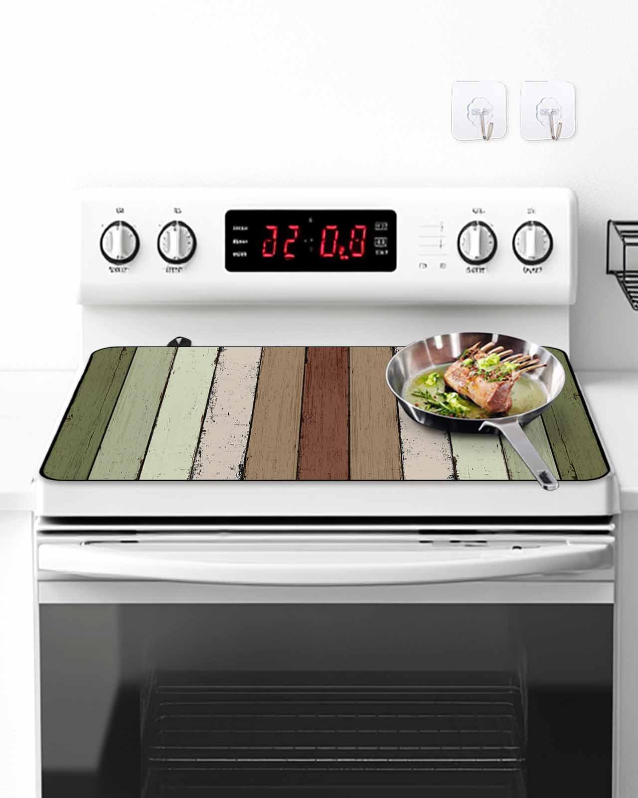 Stove Top Covers for Electric Stove, Sage Green Glass Stovetop Cover Protector, Farmhouse Wood Grain Vintage Brown Striped Induction Cooktop Protector Oven Mat for Kitchen Countertop 36"x21"