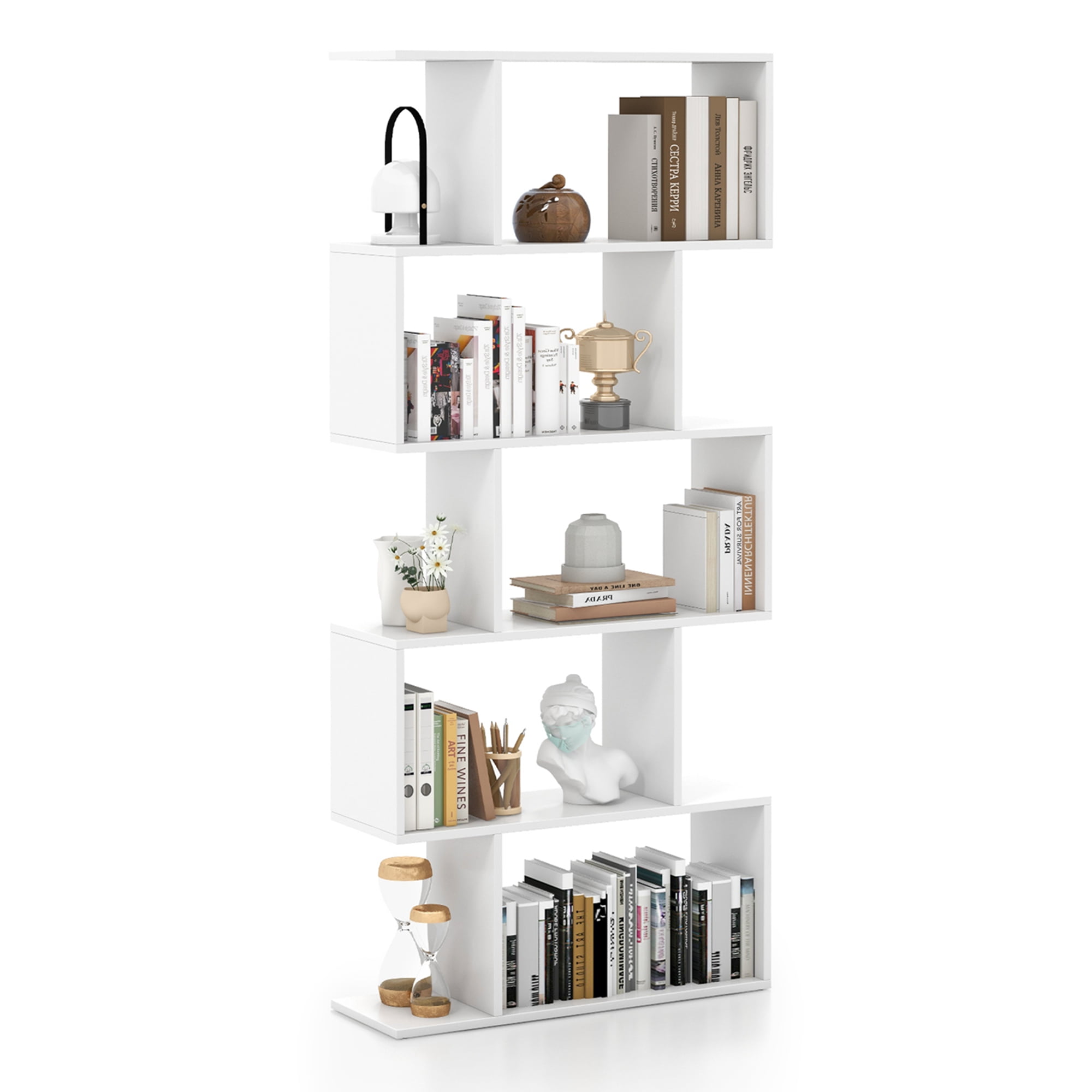 Costway 1 PC 5-Tier Bookshelf Geometric S-Shaped Bookcase Room Divider Storage Display Shelf White