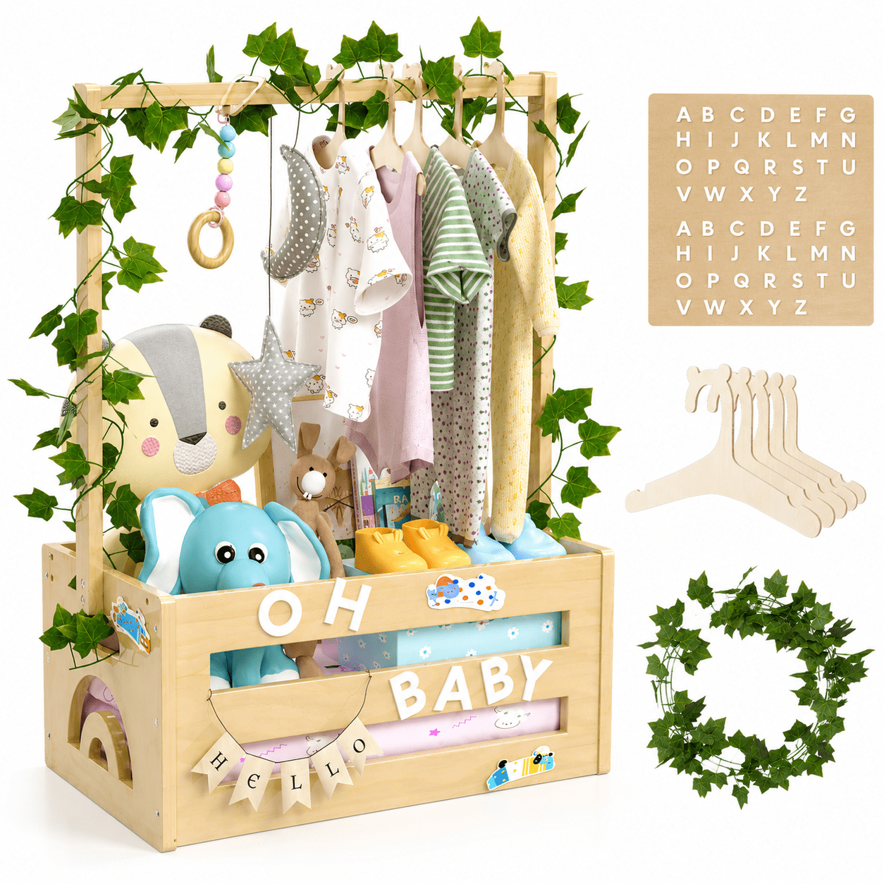 Wooden Baby Shower Gift Crate with Hangers, Medium Baby Clothes Storage Box for Newborn Boy or Girl, Baby Closet Organizer and Gift Basket for New Parents, Natural