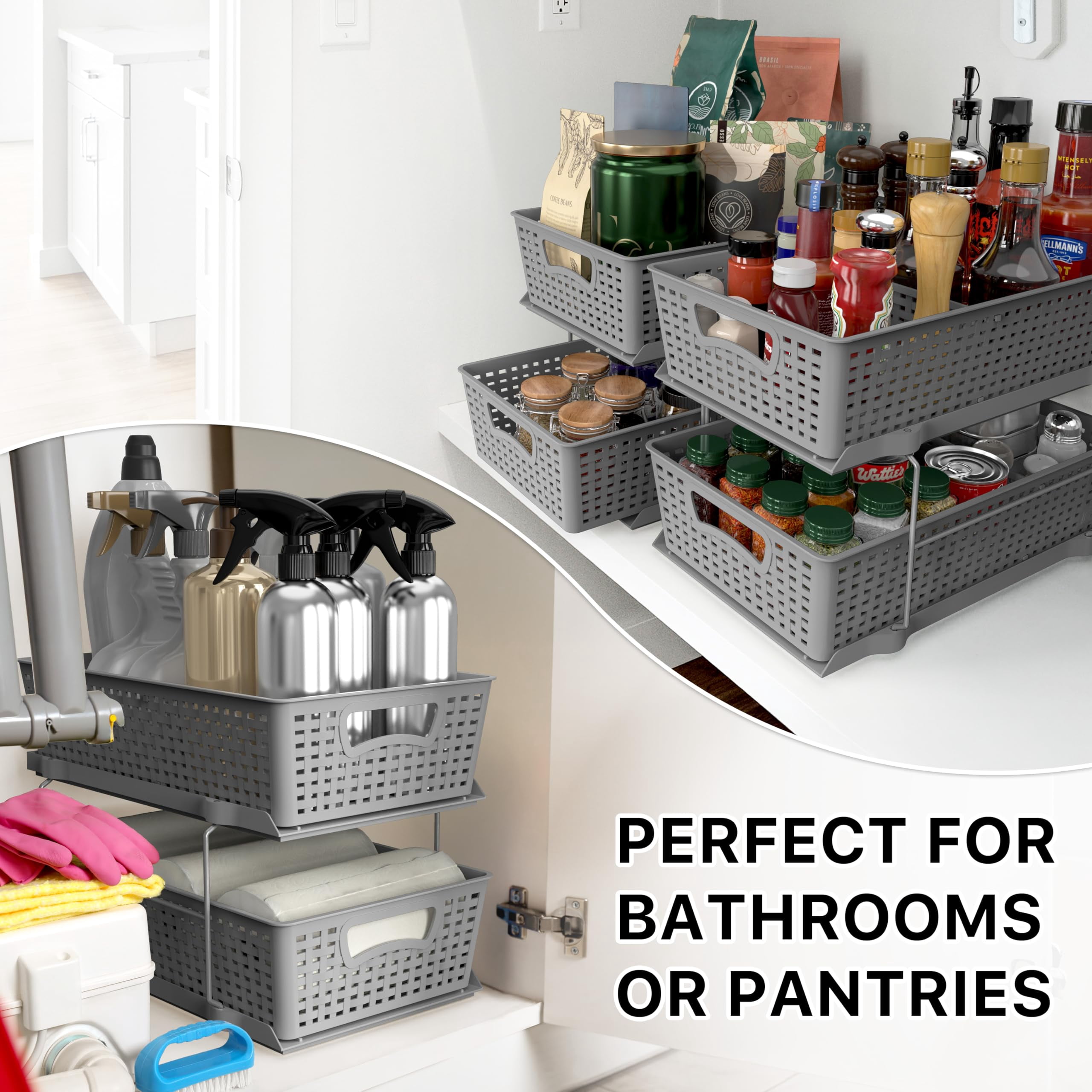 2 Tier Bathroom Organizer Tray Pull-out Sliding Drawer  Under Sink Storage Gray