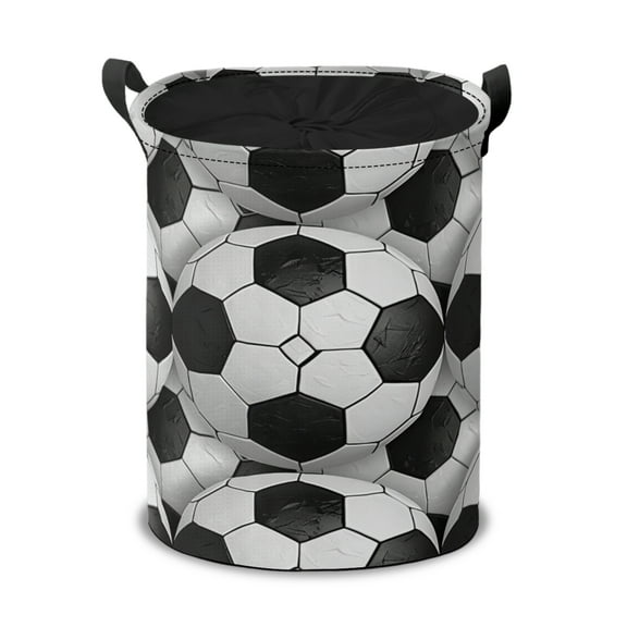 Soccer Football With Black And White Hexagons Round Laundry Hamper with Drawstring, Collapsible Dirty Clothes Storage Basket, Bedroom Nursery Dorm Bin for Toys Baby