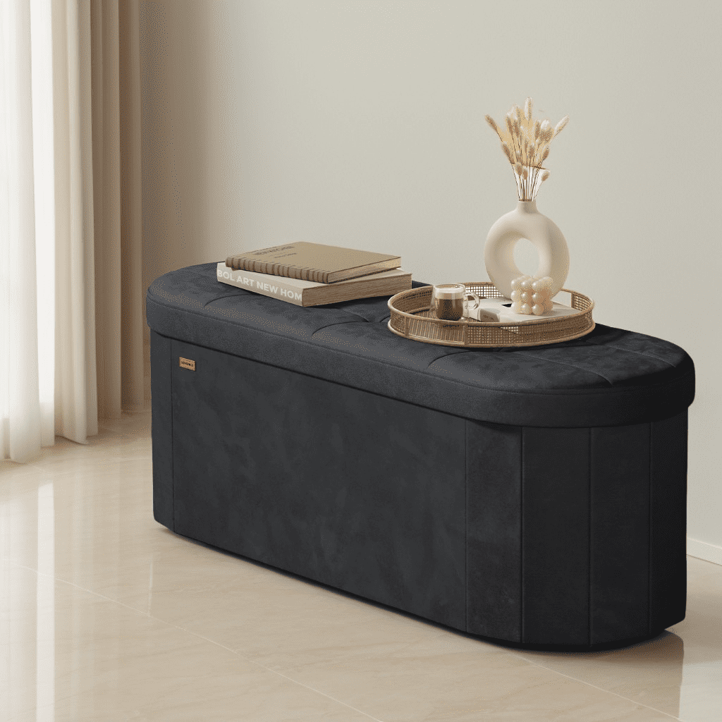 LEDREM 43" Foldable Storage Ottoman Bench, Velvet Fabric Ottoman with 2 Internal Dividers, Footrest for Bedroom Living Room, Ink Black