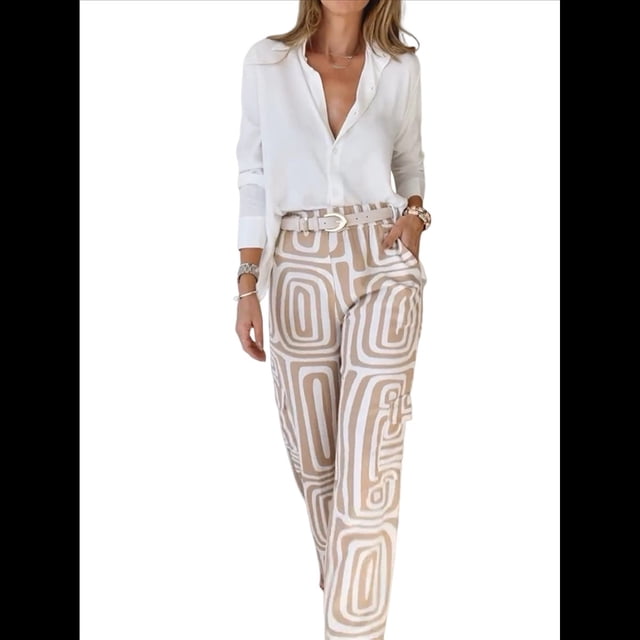 Conjunto de Dos Piezas para Mujer, con Estampado Geométrico, Pantalones de Cintura Alta y Camisa Sencilla. Caqui XL