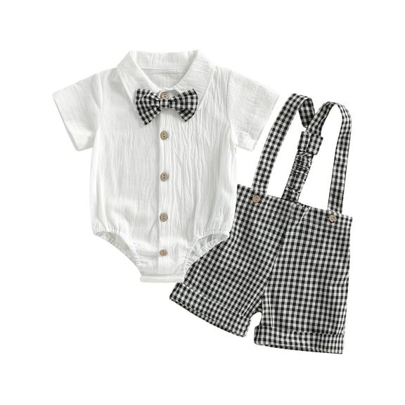 OSOLU Children Boys Outfits Short Sleeve Turndown Collar Romper Casual Striped Overalls with Bow Tie Comfortable Breathable Beach Vacation Clothing Sets