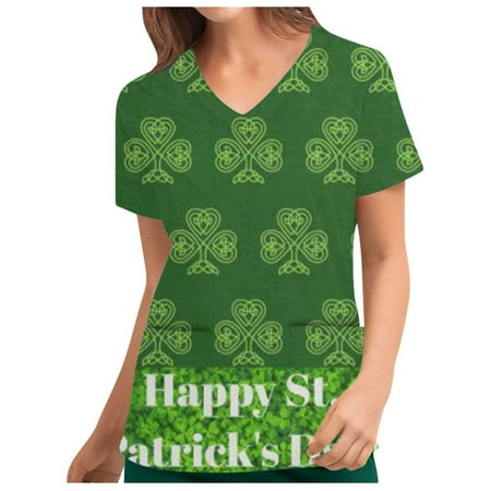 

Scrubs Tops for Women St Patricks Day Gifts Clover Print V Neck Short Sleeve Nursing Work Shirt Casual Pockets Blouse