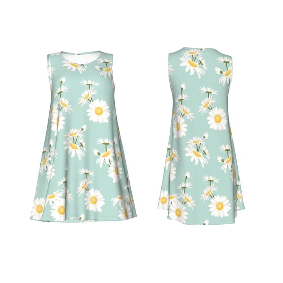 Horeoi Floral Daisy Print Women's Sleeveless Dress Cotton-like Flared Hem Deep Side Pockets Above-Knee