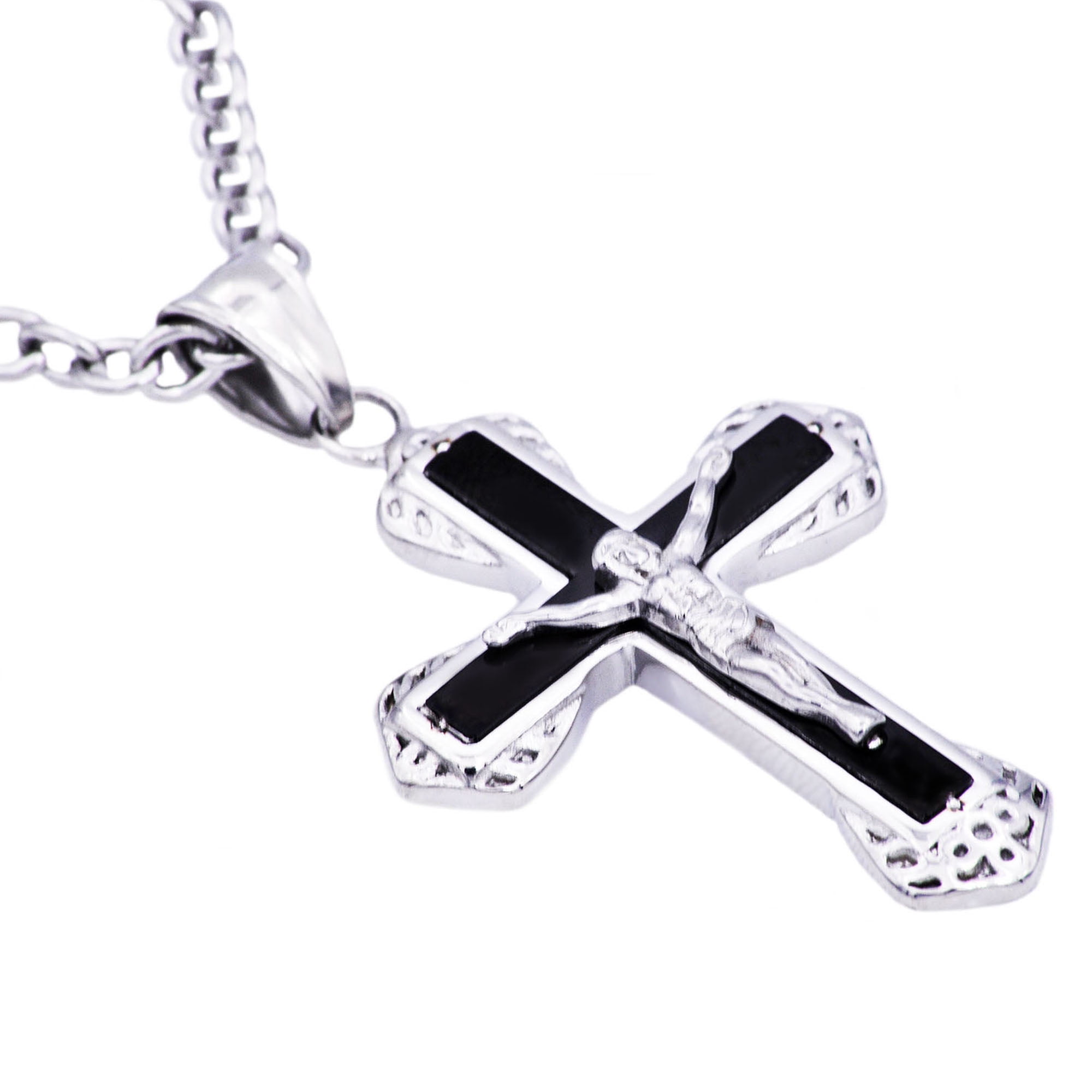 Arista White and Black Plated Men's Fancy Cross Pendant in Stainless Steel, 24"
