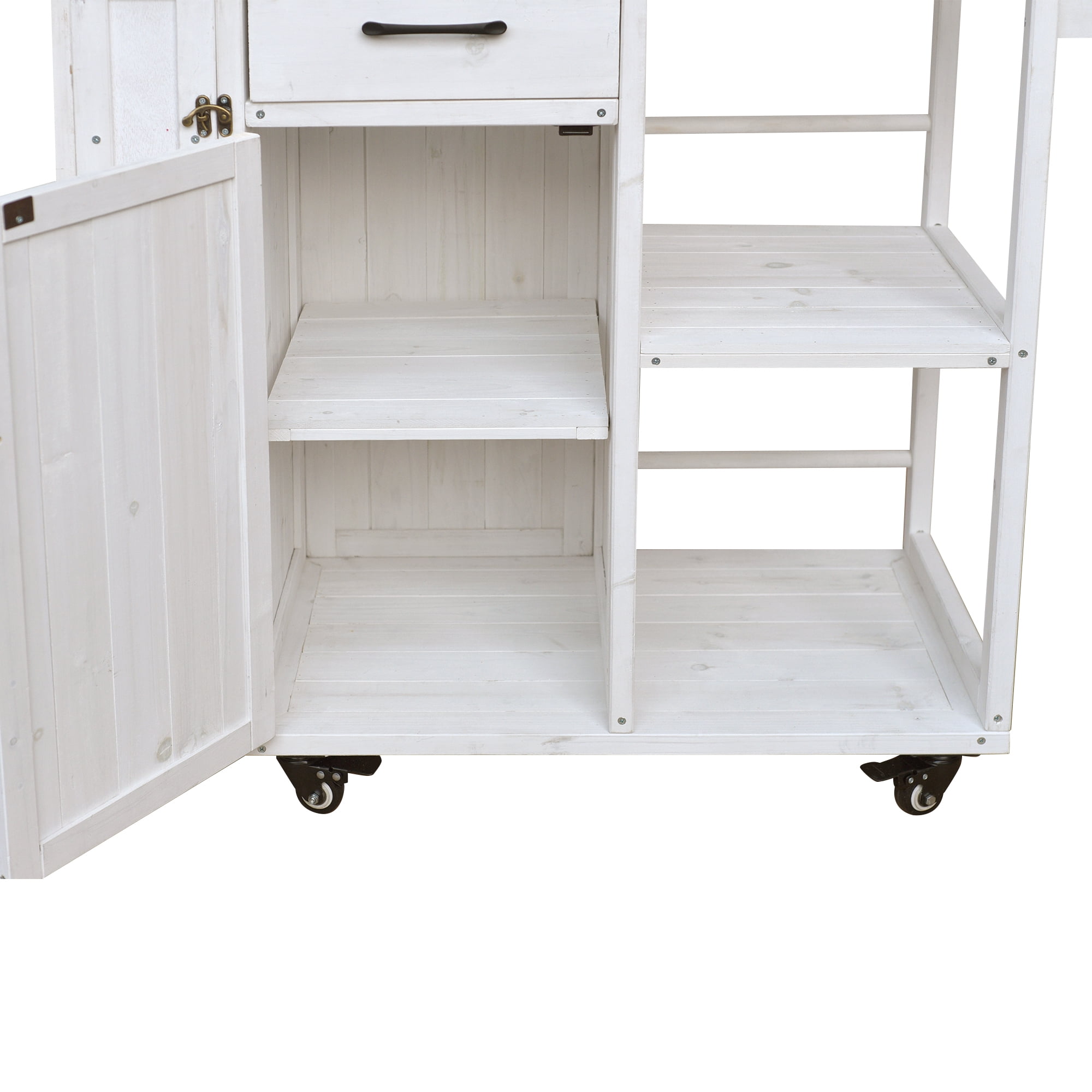Outdoor Kitchen Island with Stainless Steel Top, Fir Wood Prep Station, Lockable Kitchen Cart with Storage Cabinet for Patio, BBQ, White