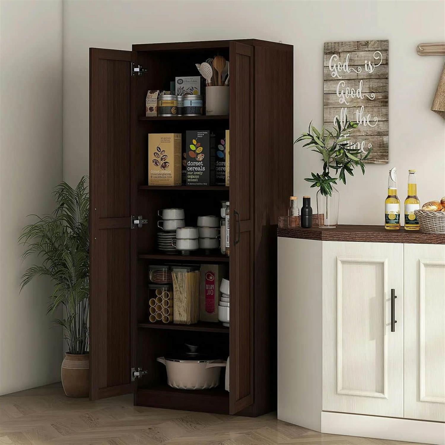 Demi Bonn 62" Large 2-Door Pantry Cabinet, Freestanding Storage Unit with 2 Adjustable Shelves for Dining Room, Spacious Kitchen Organization, Brown