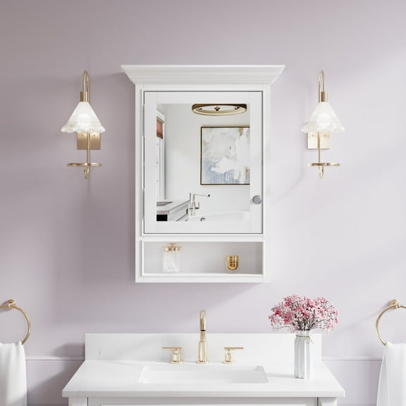 ANGELES HOME 24"x 32" Wall Mounted Wood Medicine Cabinet with Mirrors for Bathroom, 2-Tier Shelves and External Storage, Solid Wood Medicine Cabinet with Mirror, Anti-Fog Glass Mirror Cabinet