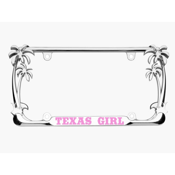 Texas Girl Palm Tree Style Metal License Plate Frame Personalized/Car Accessories Car Tag Holder Cover (Chrome/L Pink)