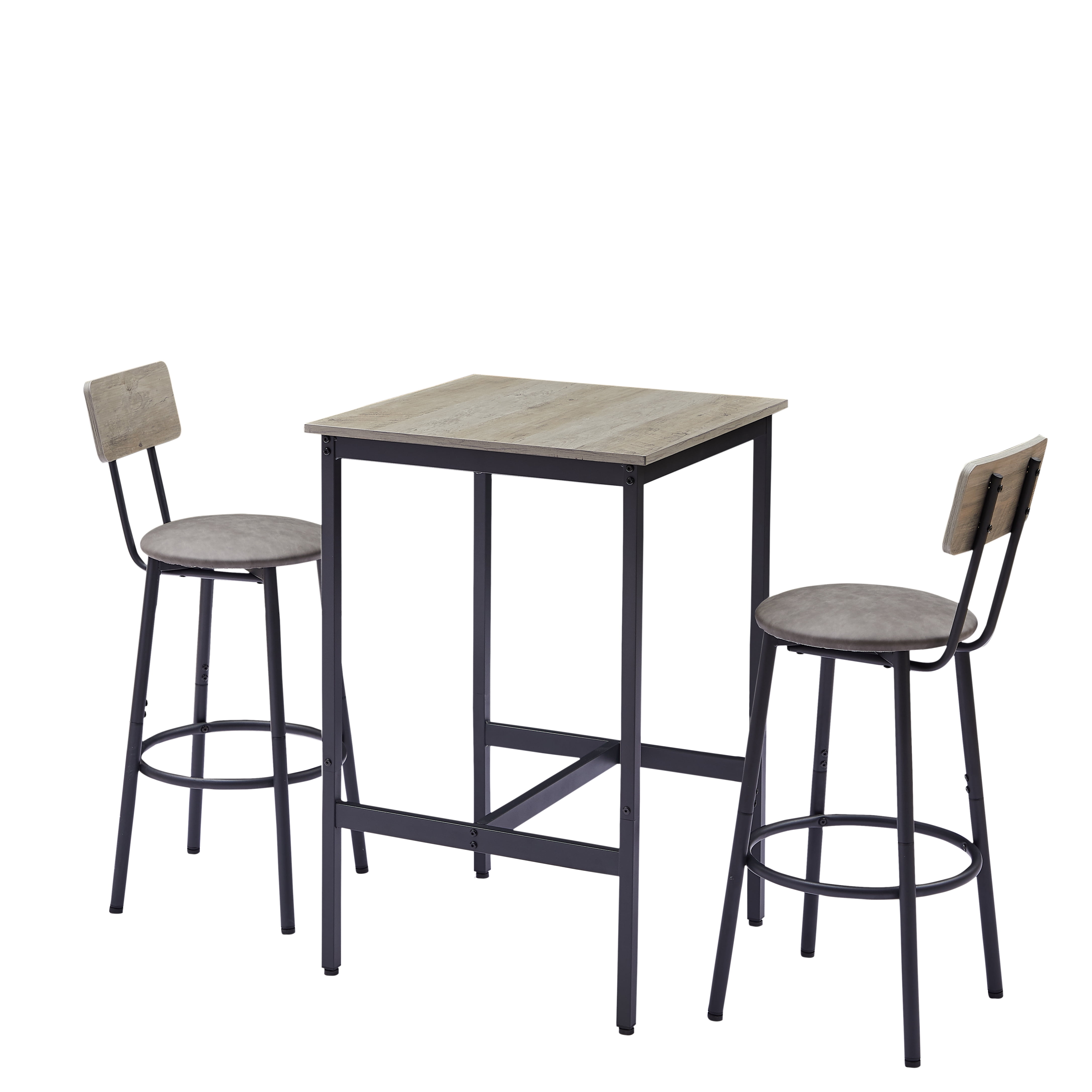 Bar Table Set with 2 Bar stools PU Soft seat with Backrest, Grey, 23.62" W x 23.62" D x 35.43" H