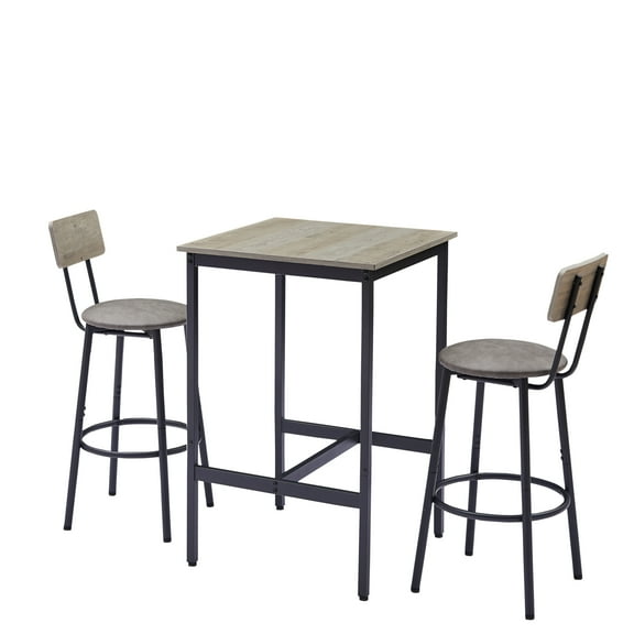 Grey Bar Table Set with 2 Pu Leather Stools, 23.62" Square Counter Height Table with Backrest Stools, Space-Saving Dining Set for Kitchen & Small Spaces