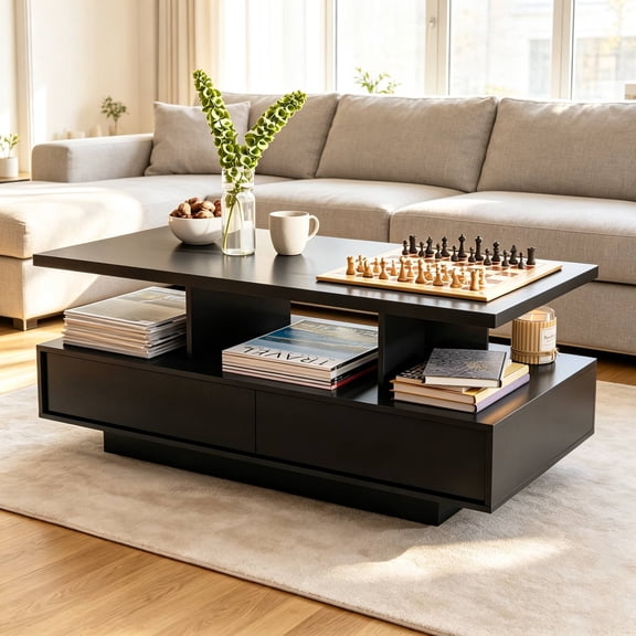 LAUSAINT HOME Modern LED Coffee Table with Storage Drawers, APP & Remote Controlled Color Changing LED Lights, 41 Inch Rectangle Black MDF Coffee Table for Living Room