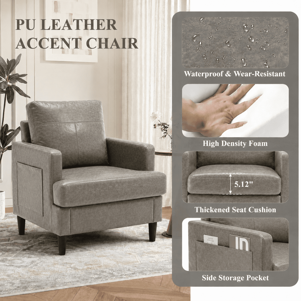 MOONMISS Modern Accent Chair Set of 2,PU Leather Single Sofa with Wood Legs,Reading Armchair for Living Room,Bedroom,Office,Gray
