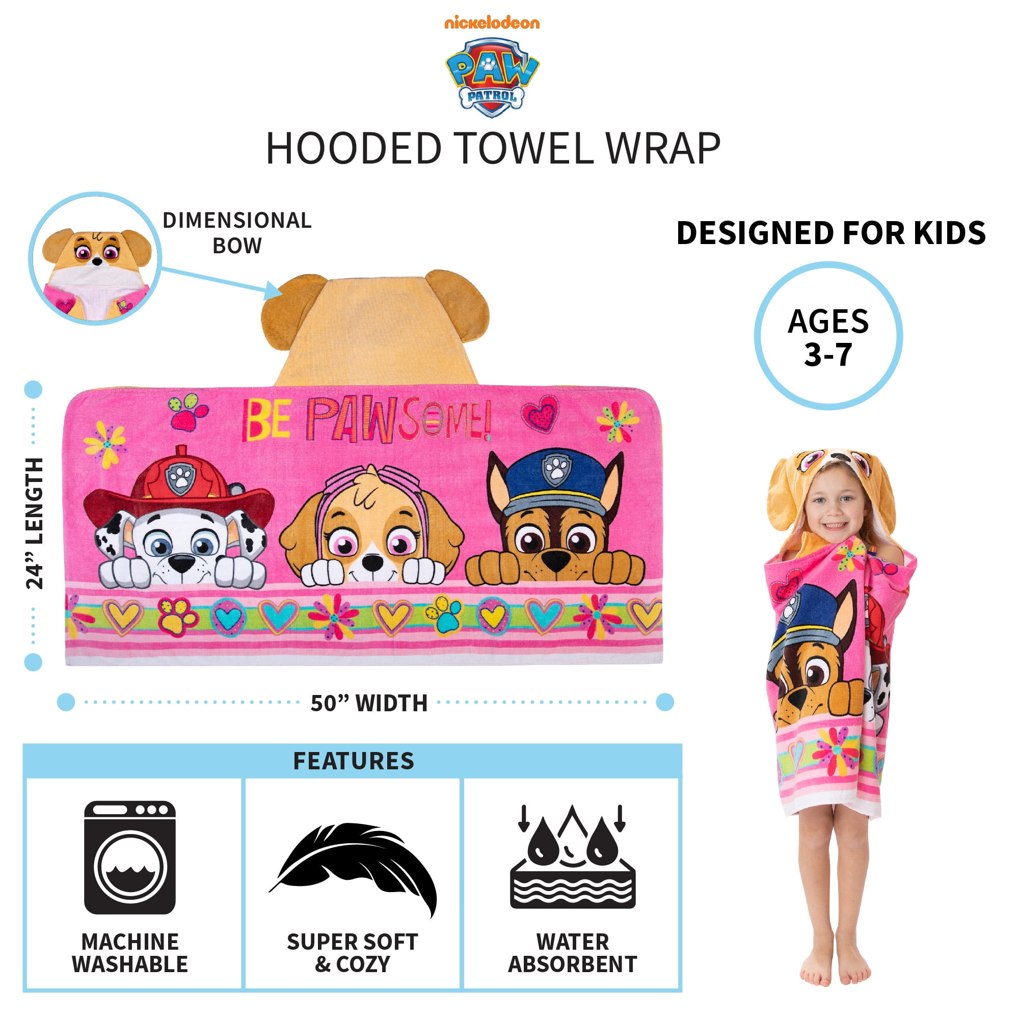 24 x 50 in Paw Patrol Girl Puppy Plays Hooded Beach Towel Wrap