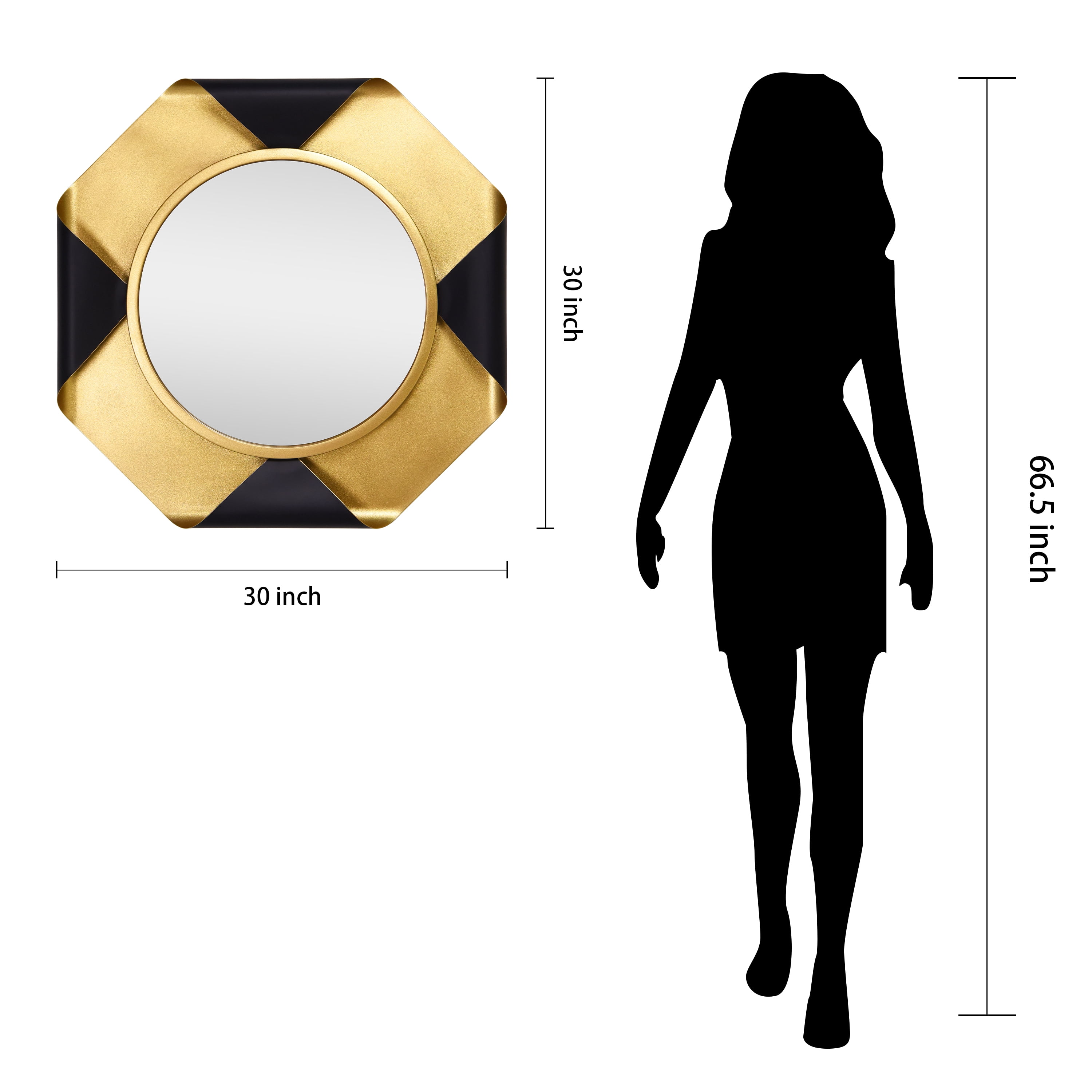 Round Wall Mirror on Gold Foiled Octagon with Curled Metal Frame