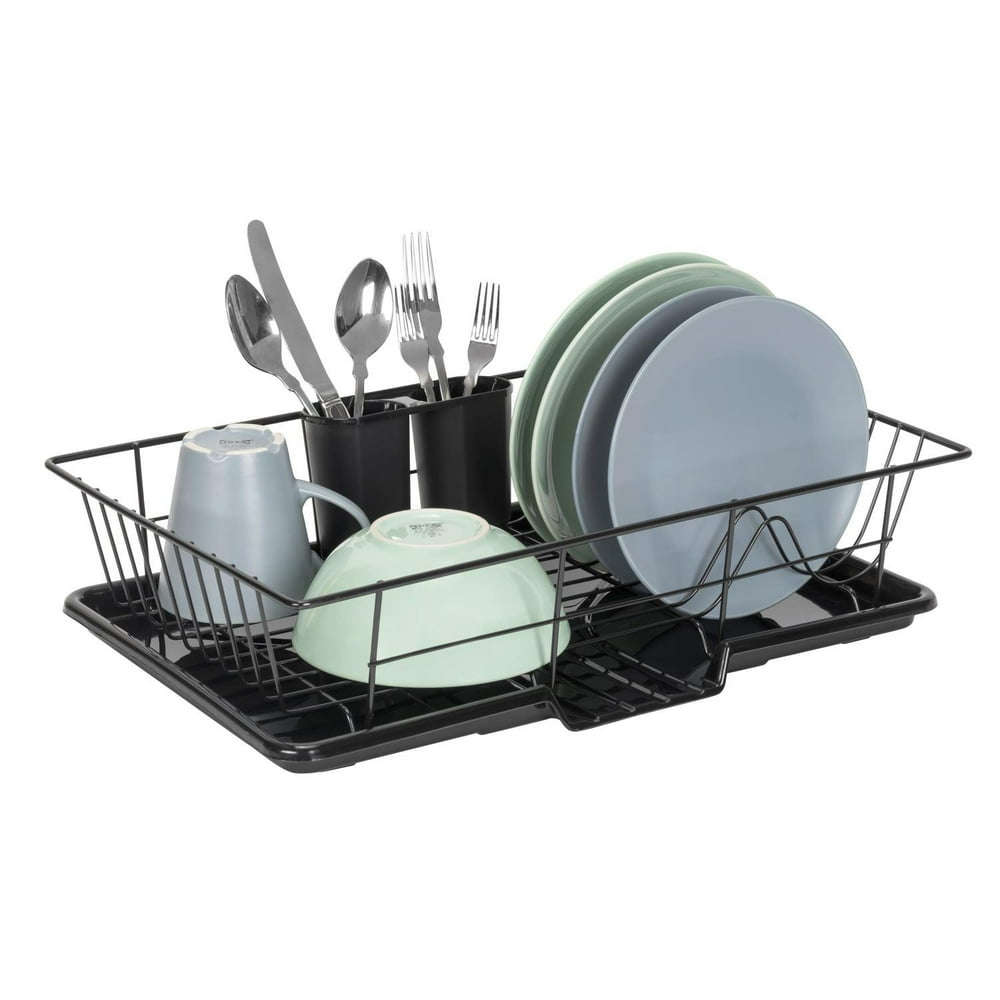 Premius 3Piece Dish Drainer With Cutlery Holder, Black, 19x12x5 Inches