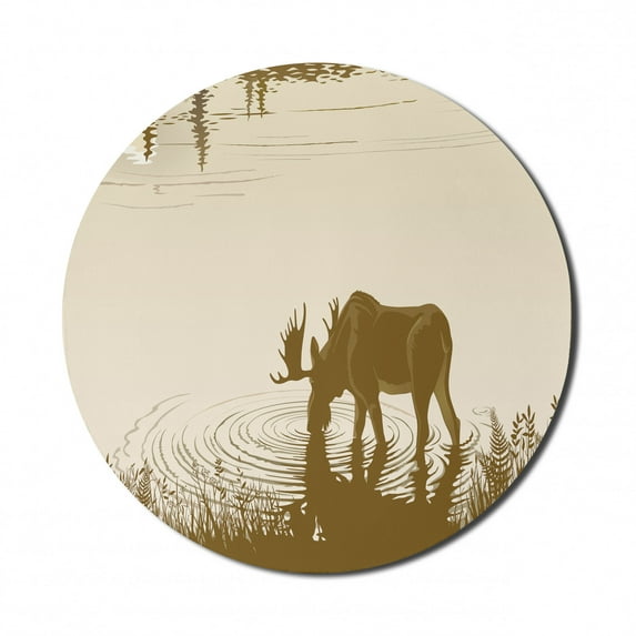 Animal Mouse Pad for Computers, Silhouette of Elk Drinking Water in Lake River Forest Wildlife Scenery Illustration, Round Non-Slip Thick Rubber Modern Mousepad, 8" Round, Cream Sepia, by Ambesonne