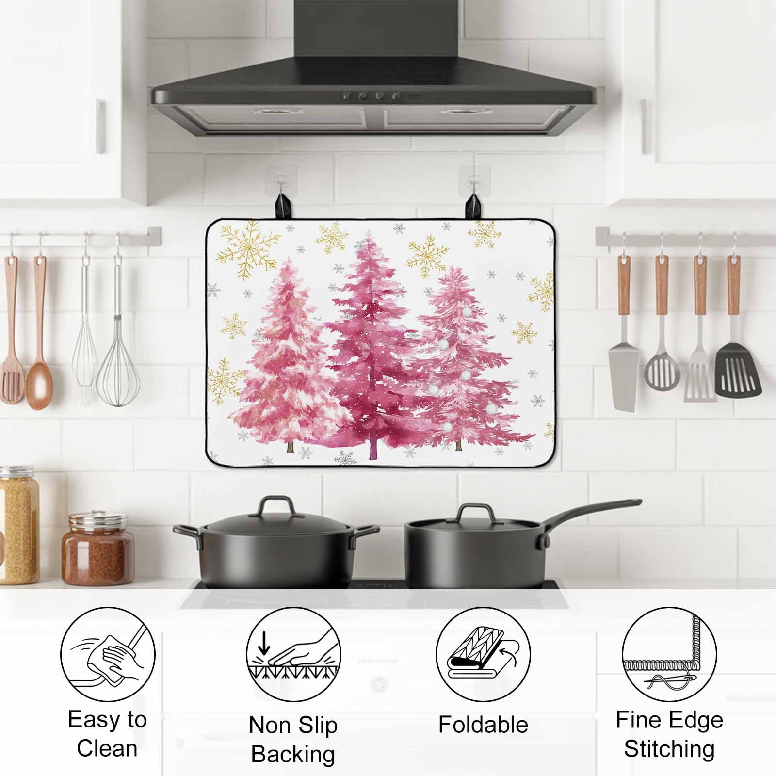 Pink Trees Christmas Stove Top Cover for Electric Stove, Heat-proof & Non Slip Glass Top Stove Cover Protector, Xmas Tree Snowflake Winter Kitchen Flat Cooktop Rubber Mat 24x21 Inches