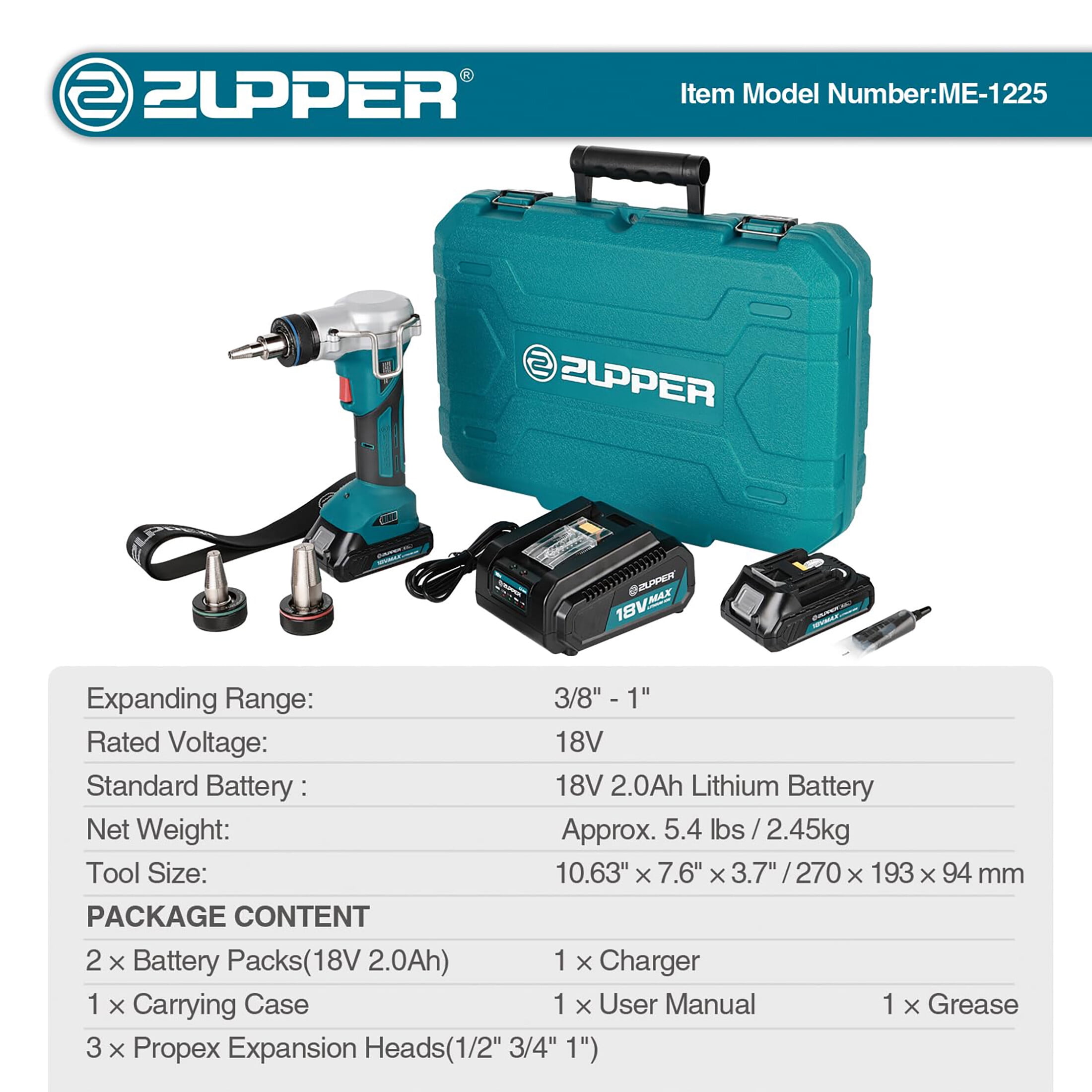 ZUPPER 18V Pro PEX Expansion Tool Kit with 1/2