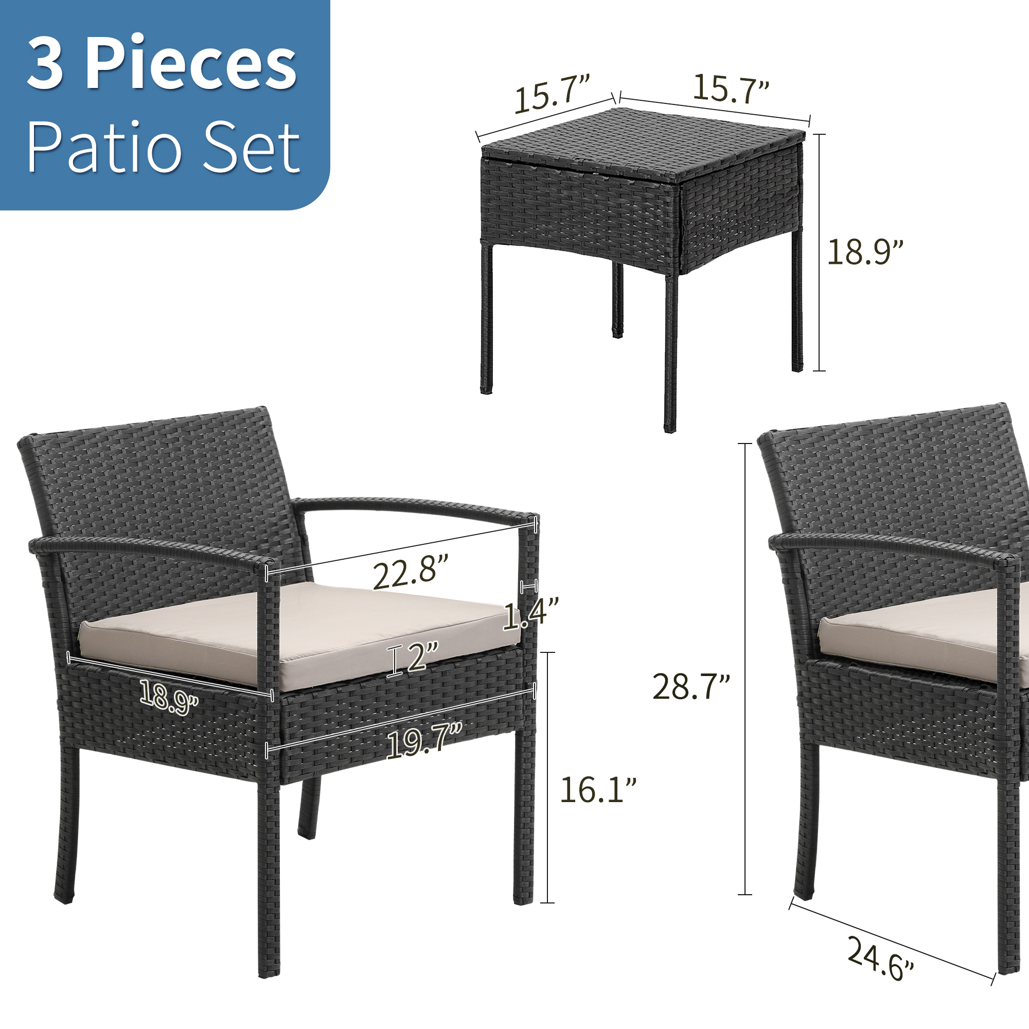 FHFO Patio Furniture Set Outdoor Furniture Outdoor Patio Furniture Set 3 Pieces Patio Conversation Set Table and Chairs with Cushions for Garden Balcony Backyard Porch Lawn Black Rattan Grey Cushion - image 4 of 5